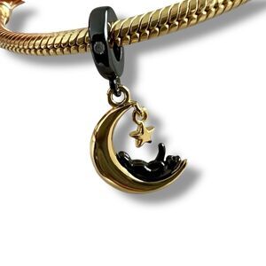 Black Cat on Gold Crescent Moon Pandora Moments Compatible Dangle Charm